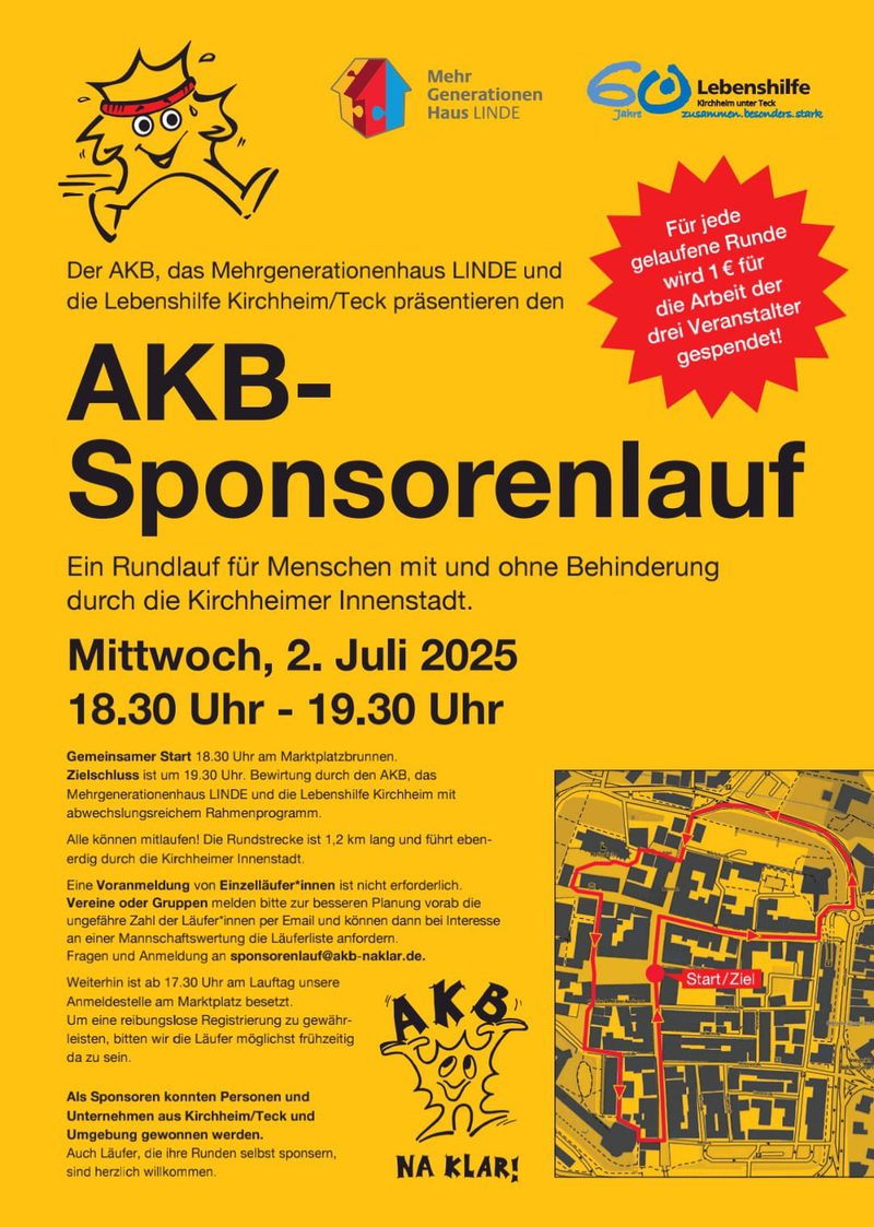 Plakat zum AKB-Sponsorenlauf am 2. Juli 2025 in der Kirchheimer Innenstadt
