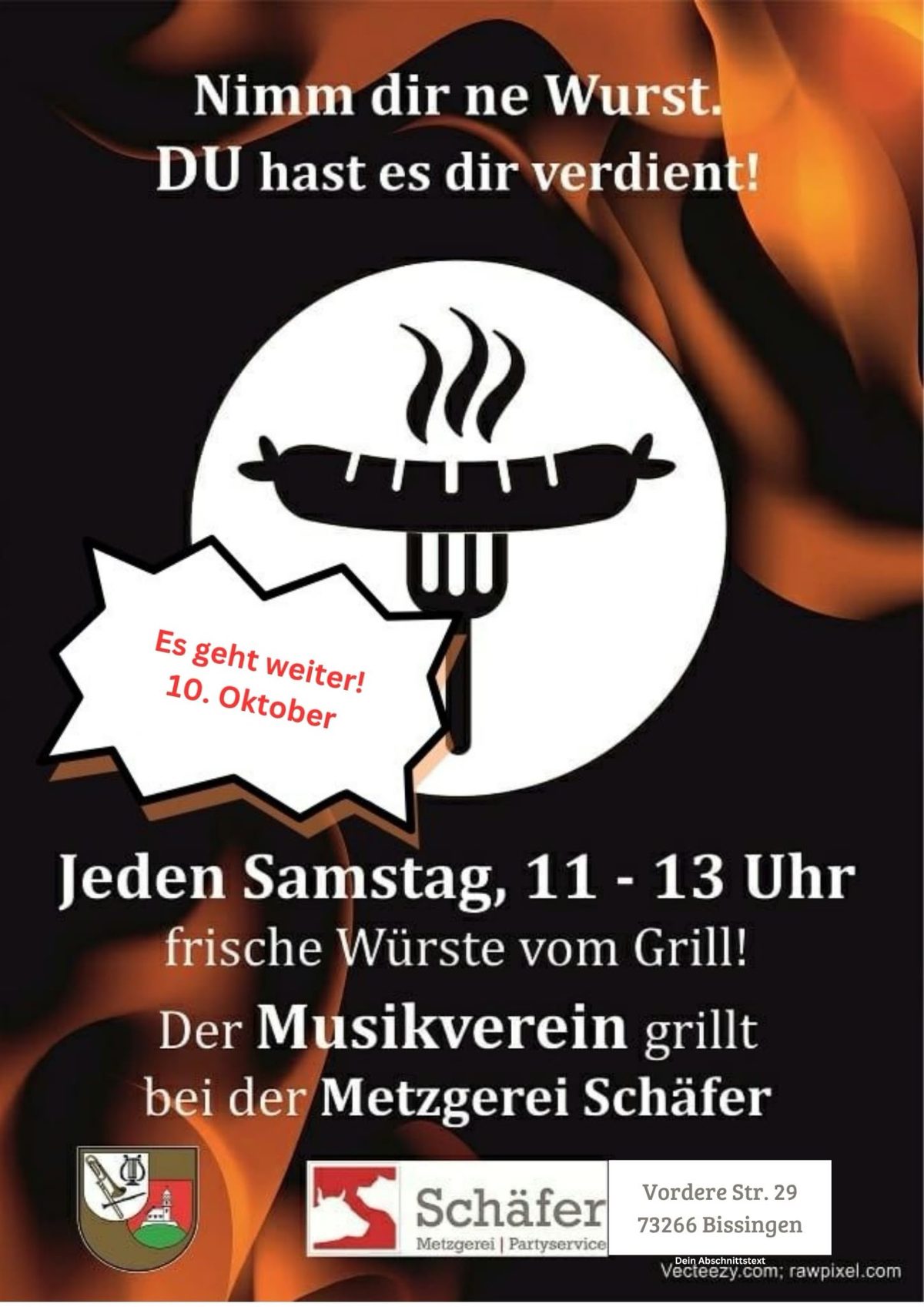 Plakat zur Grillaktion: „Nimm dir ne Wurst. DU hast es dir verdient! Es geht weiter! 10. Oktober – Jeden Samstag, 11–13 Uhr, frische Würste vom Grill! Der Musikverein grillt bei der Metzgerei Schäfer“