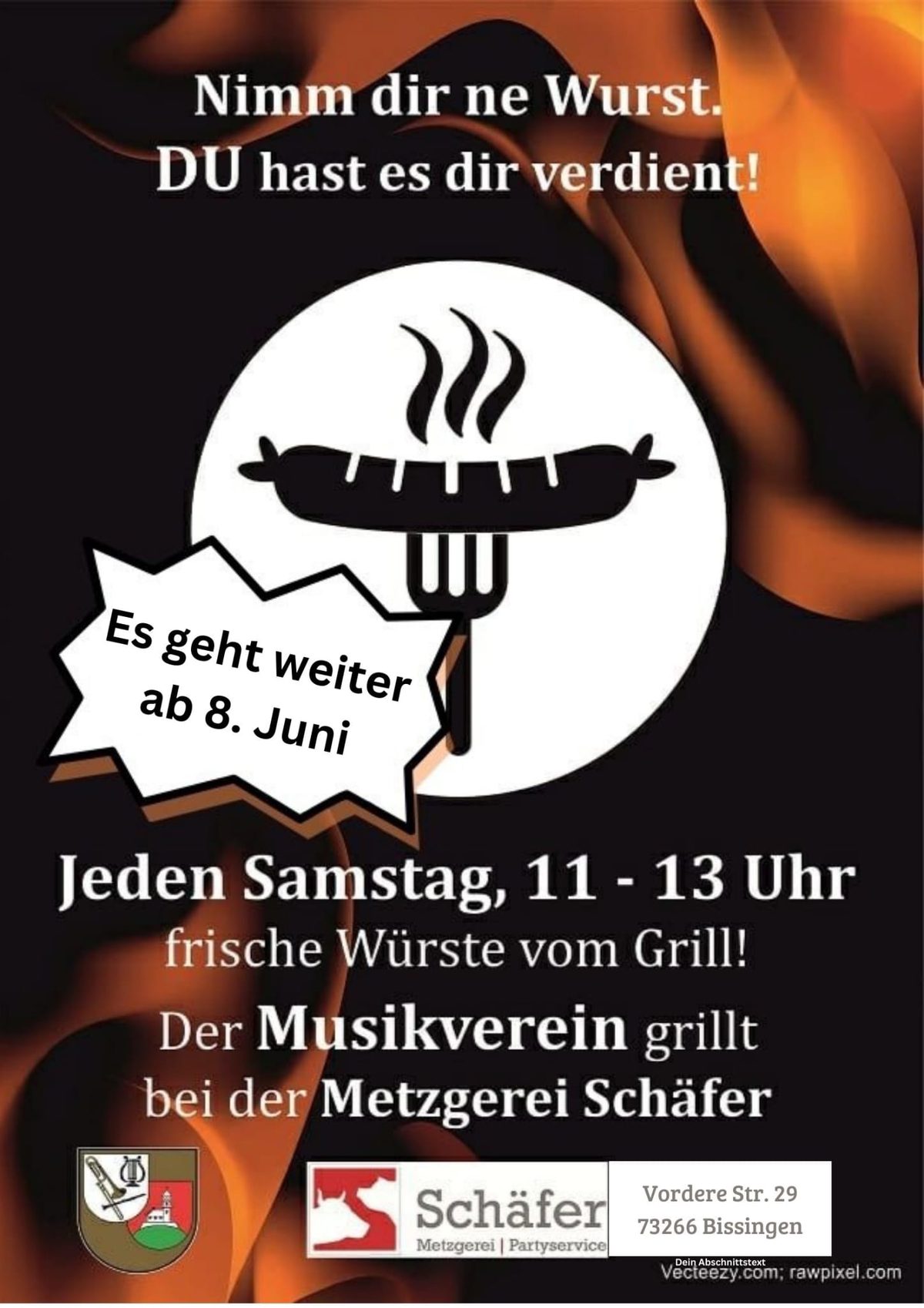 Plakat zur Grillaktion: „Es geht weiter ab 8. Juni“