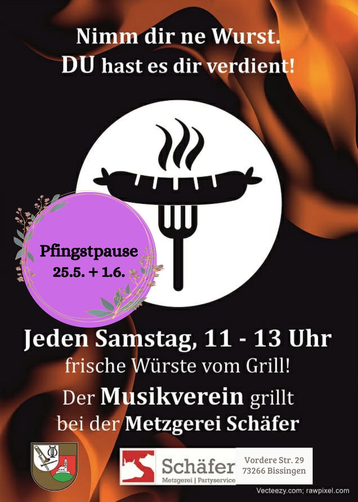 Plakat zur Grillaktion mit dem Hinweis „Pfingstpause 25.5. + 1.6.“