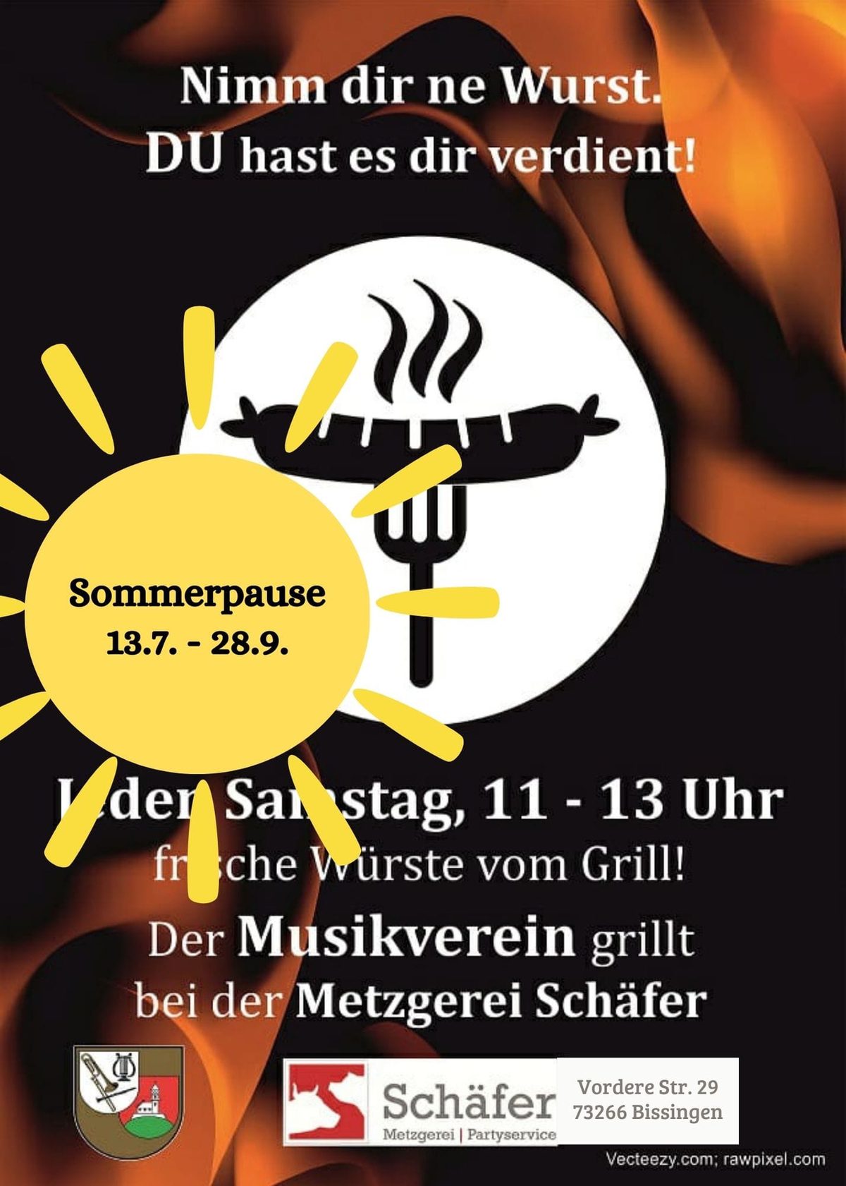 Plakat zur Grillaktion mit einer Sonne: „Sommerpause 13.7. – 28.9.“