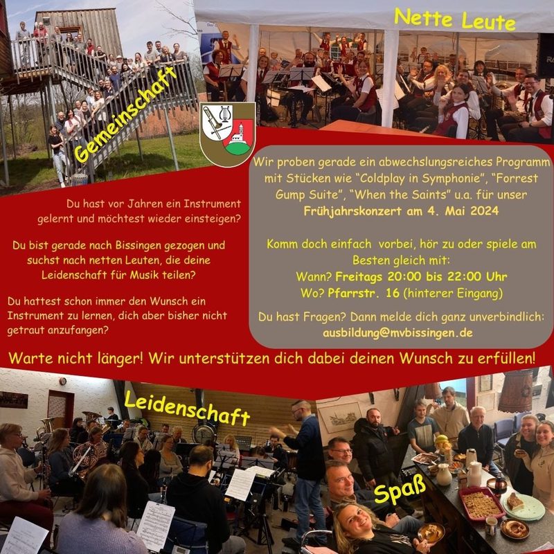 Flyer „Jetzt einsteigen“: Gemeinschaft, nette Leute, Leidenschaft, Spaß – Fotos aus Probe und Vereinsleben