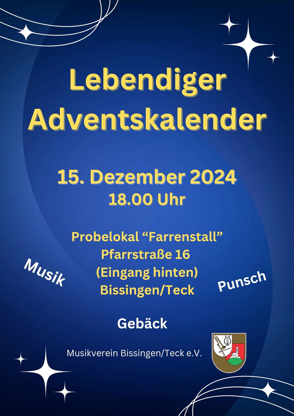 Plakat: Lebendiger Adventskalender am 15. Dezember 2024 um 18 Uhr im Probelokal „Farrenstall“ – Musik, Punsch, Gebäck