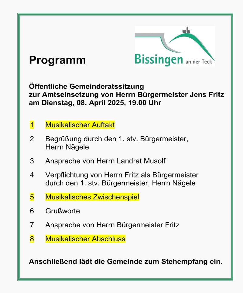 Programm der öffentlichen Gemeinderatssitzung zur Amtseinsetzung von Bürgermeister Jens Fritz am 8. April 2025, 19 Uhr