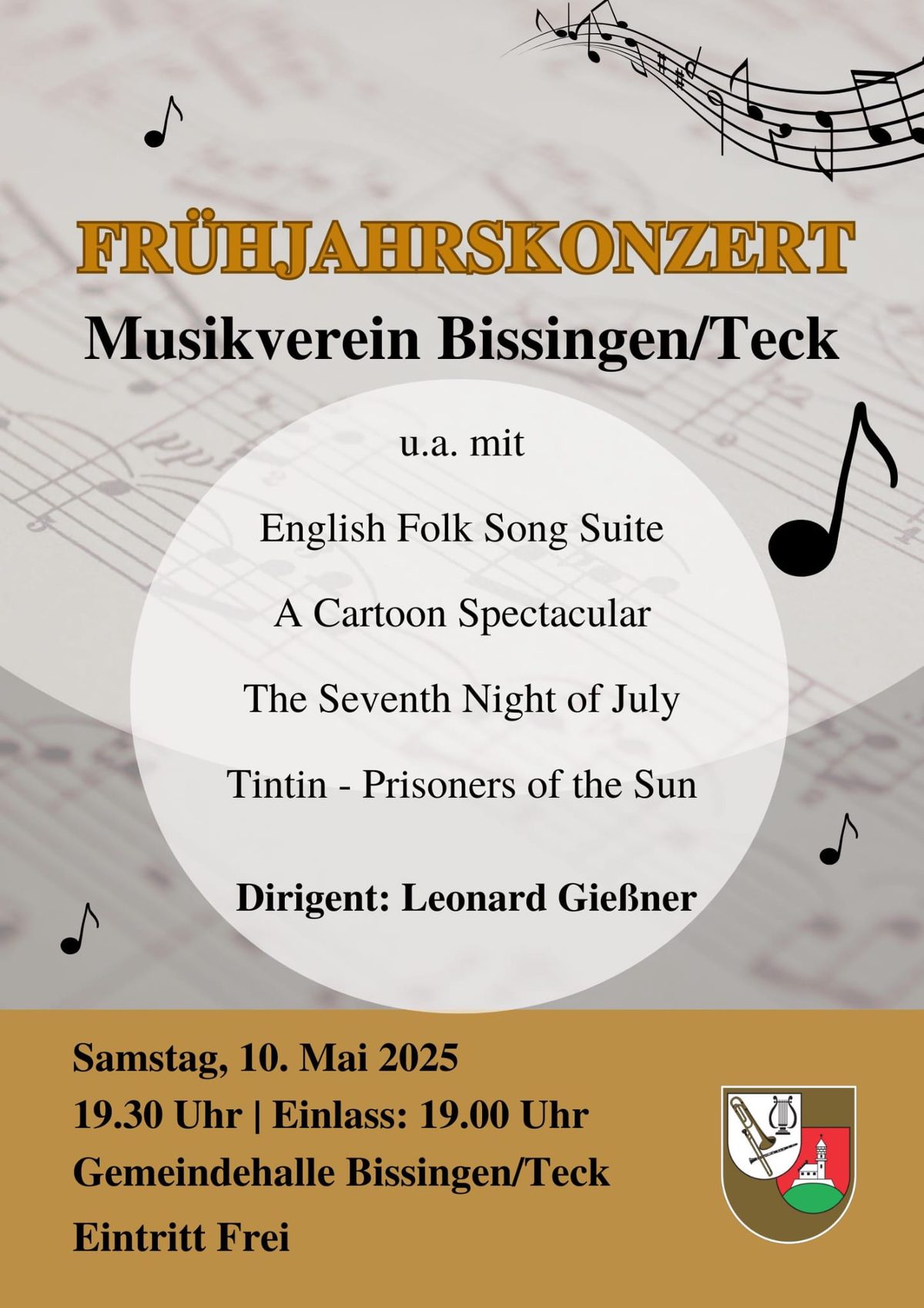 Plakat zum Frühjahrskonzert am Samstag, 10. Mai 2025, in der Gemeindehalle Bissingen