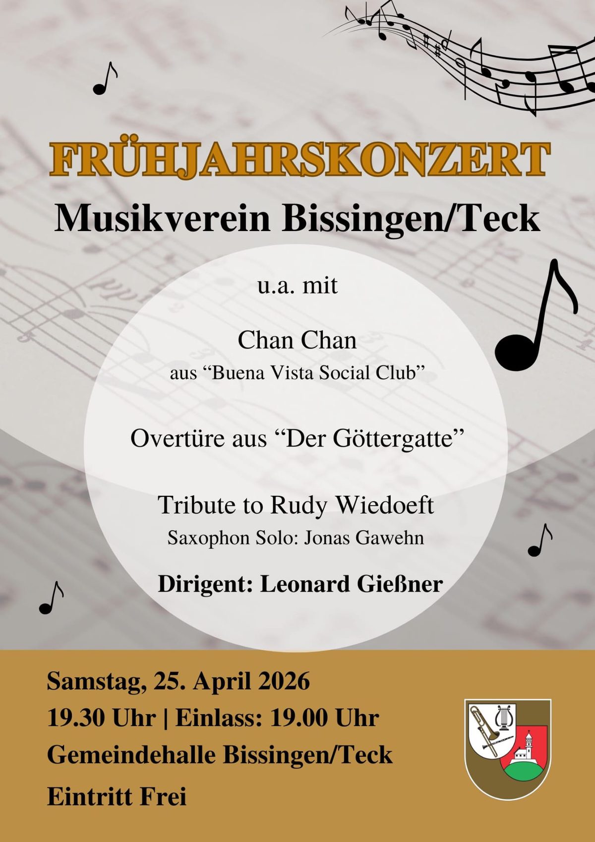 Plakat zum Frühjahrskonzert am Samstag, 25. April 2026, in der Gemeindehalle Bissingen