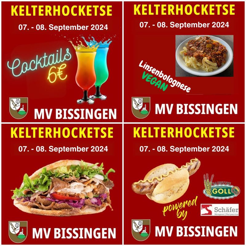 Unser Angebot bei der Kelterhocketse 2024: Cocktails für 6 €, vegane Linsenbolognese, Döner und Rote Wurst