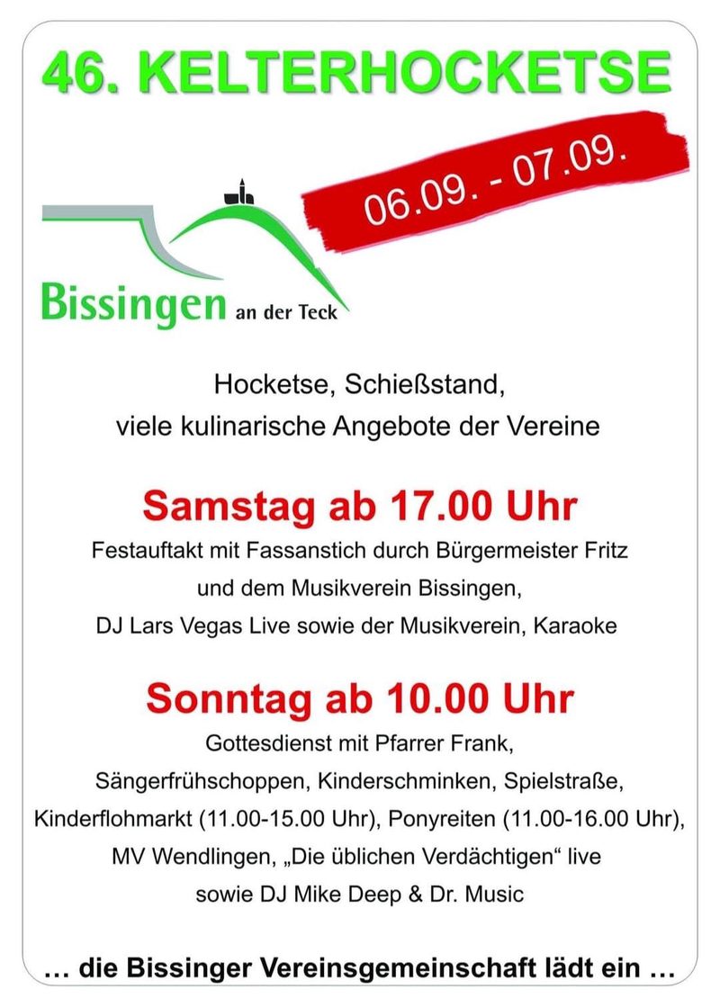 Plakat der Bissinger Vereinsgemeinschaft zur 46. Kelterhocketse am 6. und 7. September