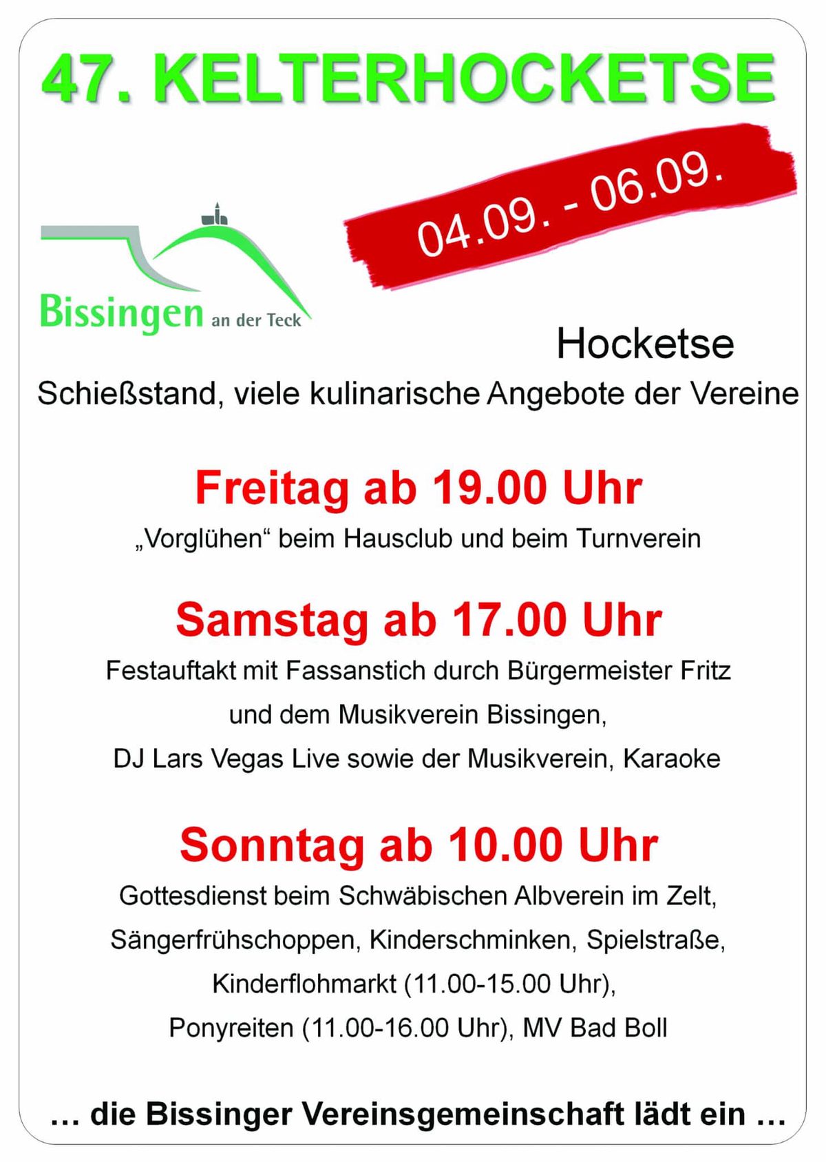 Plakat der Bissinger Vereinsgemeinschaft zur 47. Kelterhocketse vom 4. bis 6. September