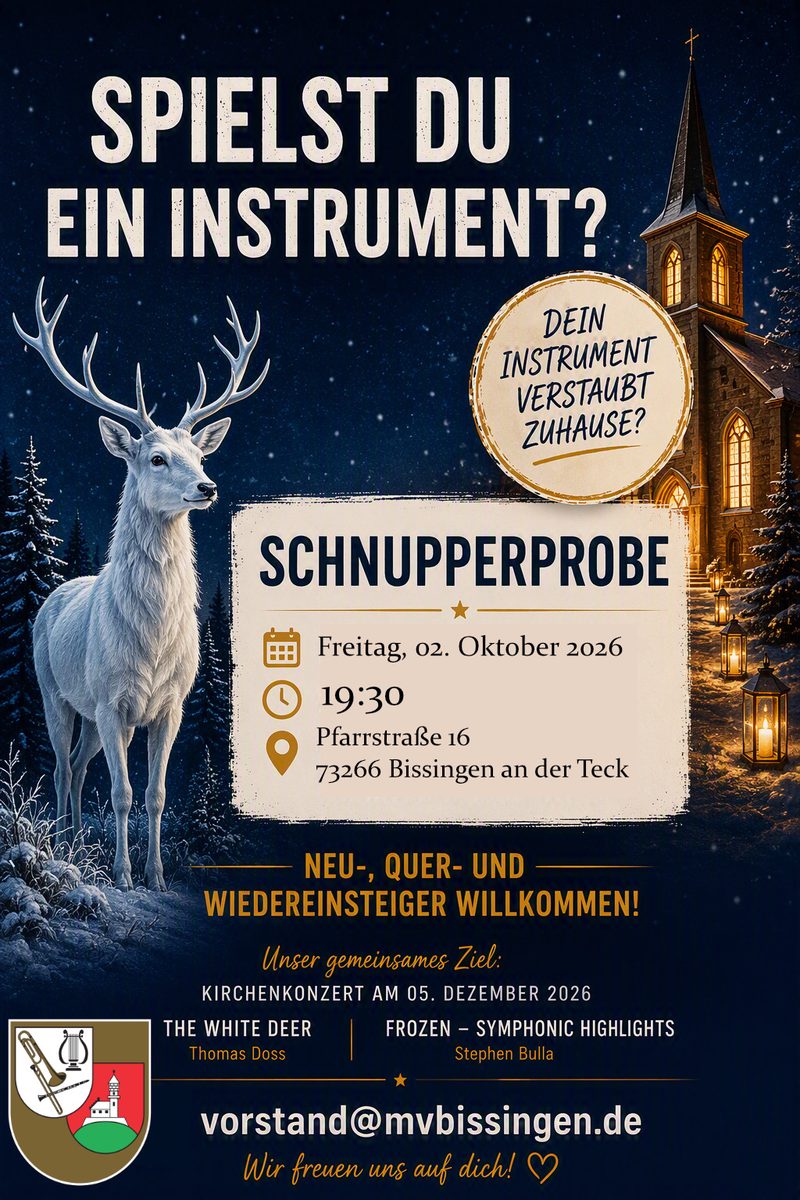 Plakat: „Spielst du ein Instrument? Dein Instrument verstaubt zuhause? Schnupperprobe, Freitag, 2. Oktober 2026, 19:30, Pfarrstraße 16“, mit einem weißen Hirsch im Schnee
