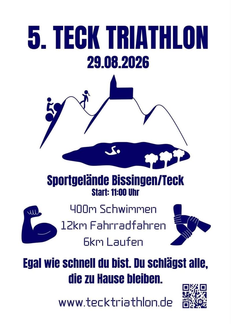Plakat zum 5. Teck Triathlon am 29. August 2026 auf dem Sportgelände Bissingen: Start 11 Uhr, 400 m Schwimmen, 12 km Radfahren, 6 km Laufen